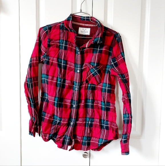 flag & anthem Tops - Red & Green Christmas Plaid Button‎ Up size small Flag & Anthem